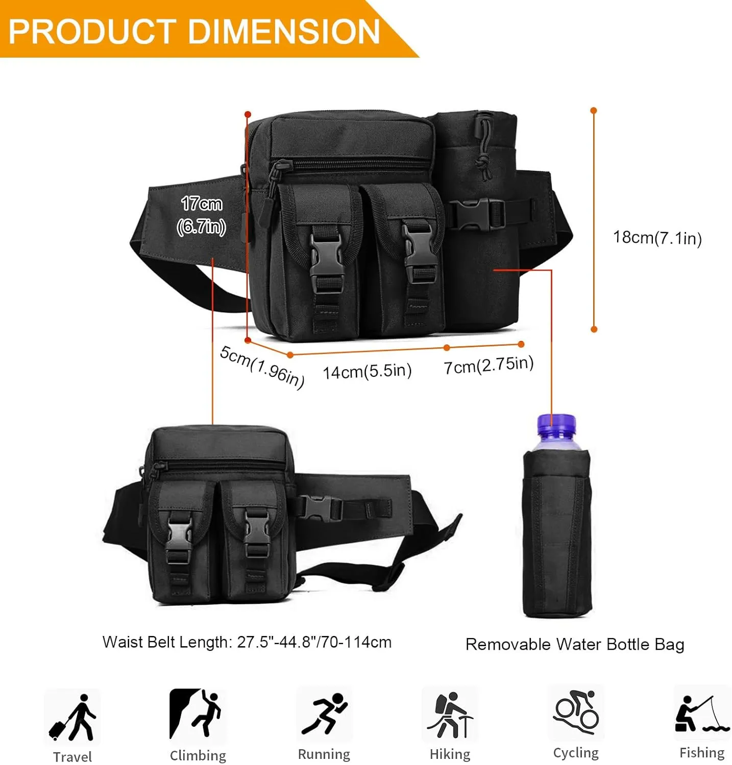Huntvp Tactical Waist Pack Pouch With Water Bottle Pocket Holder Waterproof Molle Fanny Hip Belt Bag