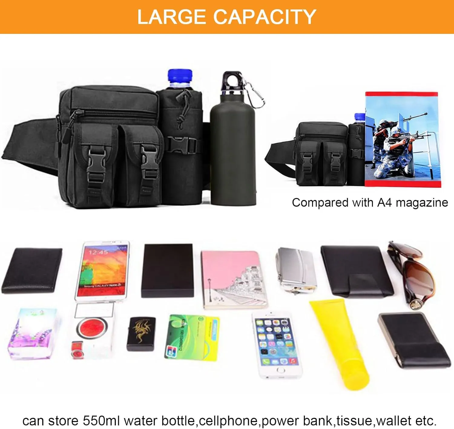 Huntvp Tactical Waist Pack Pouch With Water Bottle Pocket Holder Waterproof Molle Fanny Hip Belt Bag