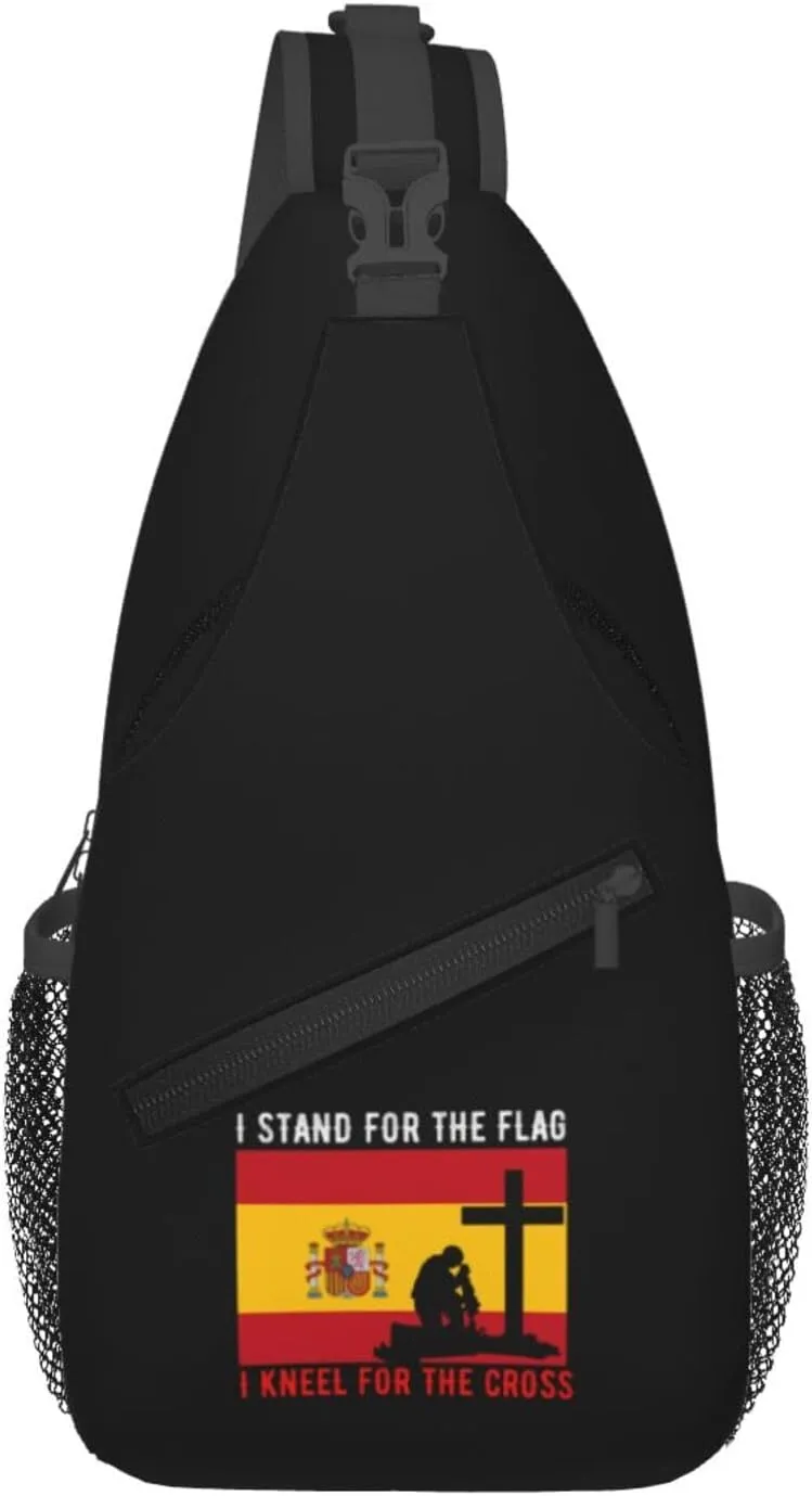 I Stand For The Spain Flag And I Kneel For The Cross Crossbody Bags For Women Men Chest Backpack Gym Shoulder Bag Travel Outdoor Sports Casual Crossbody Bags