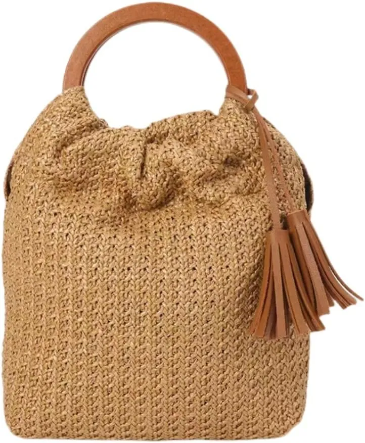 IAMUHI Women Handwoven Straw Tote Handbag Crochet Tassel Beach Bohemian Evening Clutch Purse with Wooden Handle