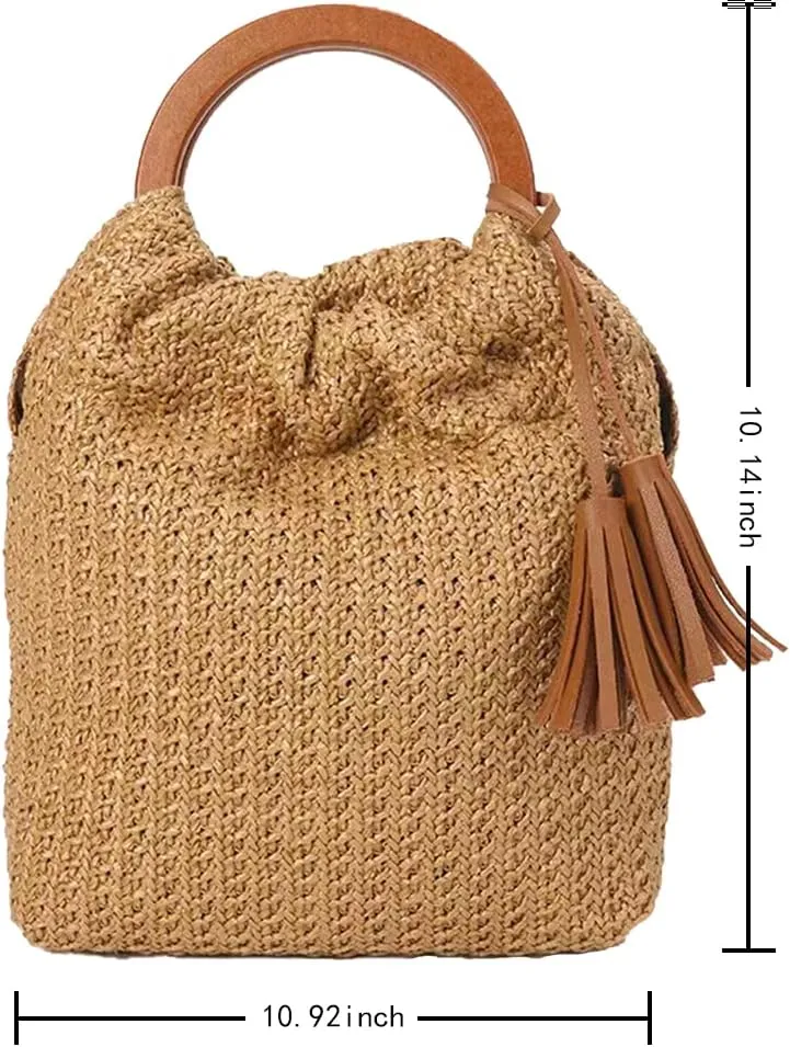 IAMUHI Women Handwoven Straw Tote Handbag Crochet Tassel Beach Bohemian Evening Clutch Purse with Wooden Handle