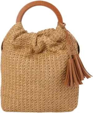 IAMUHI Women Handwoven Straw Tote Handbag Crochet Tassel Beach Bohemian Evening Clutch Purse with Wooden Handle
