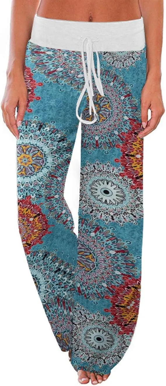 iChunhua Women's Comfy Stretch Floral Print Drawstring Palazzo Wide Leg Lounge Pant