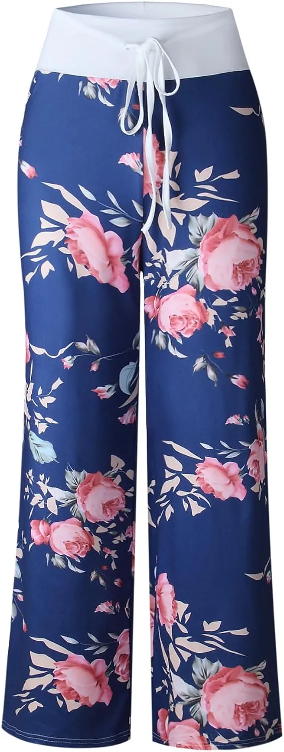 iChunhua Women's Comfy Stretch Floral Print Drawstring Palazzo Wide Leg Lounge Pant