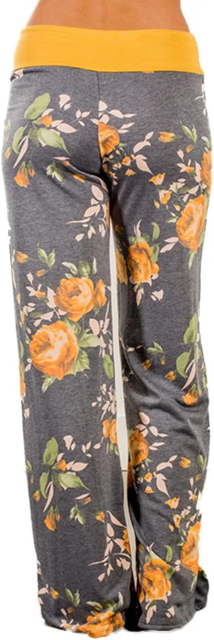 iChunhua Women's Comfy Stretch Floral Print Drawstring Palazzo Wide Leg Lounge Pant