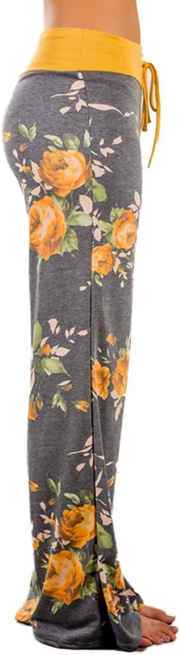 iChunhua Women's Comfy Stretch Floral Print Drawstring Palazzo Wide Leg Lounge Pant