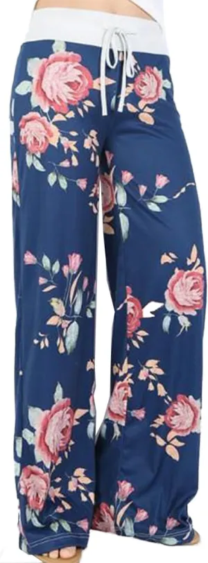 iChunhua Women's Comfy Stretch Floral Print Drawstring Palazzo Wide Leg Lounge Pant