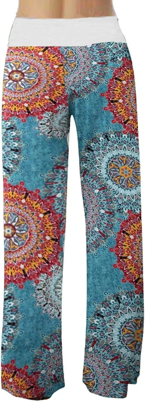 iChunhua Women's Comfy Stretch Floral Print Drawstring Palazzo Wide Leg Lounge Pant