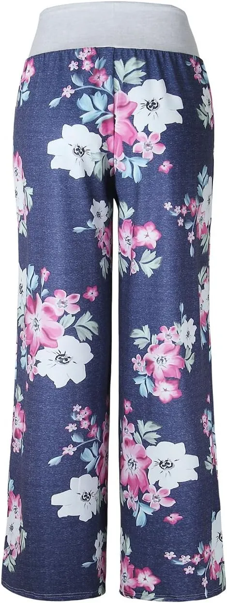 iChunhua Women's Comfy Stretch Floral Print Drawstring Palazzo Wide Leg Lounge Pant