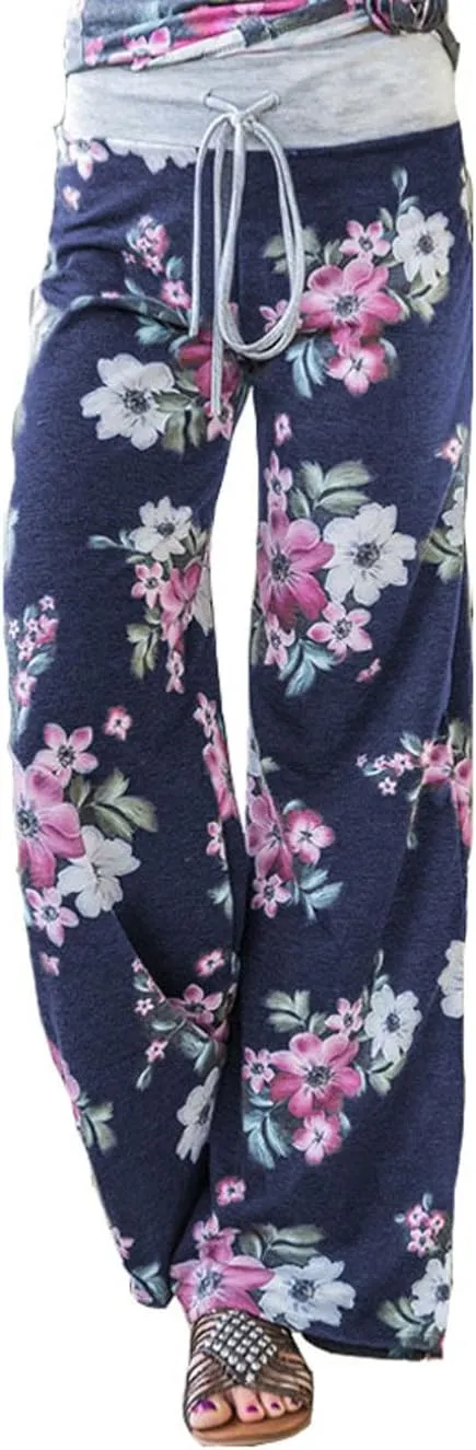iChunhua Women's Comfy Stretch Floral Print Drawstring Palazzo Wide Leg Lounge Pant