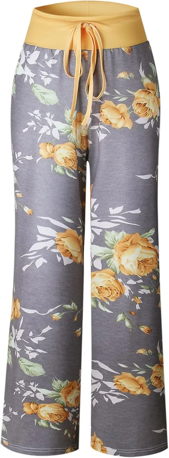 iChunhua Women's Comfy Stretch Floral Print Drawstring Palazzo Wide Leg Lounge Pant