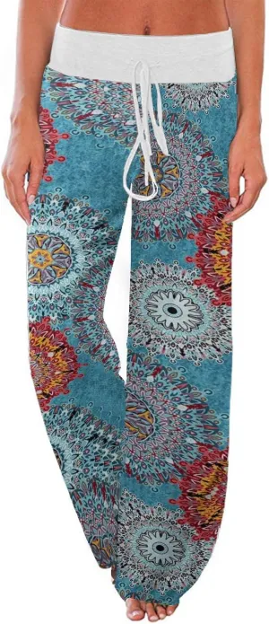 iChunhua Women's Comfy Stretch Floral Print Drawstring Palazzo Wide Leg Lounge Pant