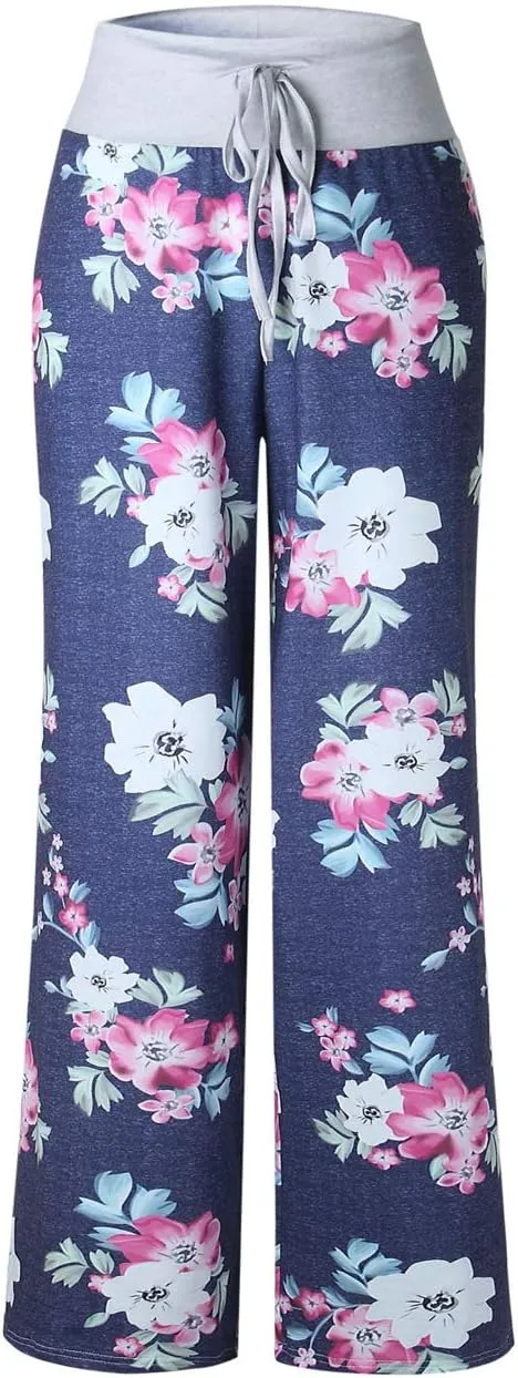 iChunhua Women's Comfy Stretch Floral Print Drawstring Palazzo Wide Leg Lounge Pant