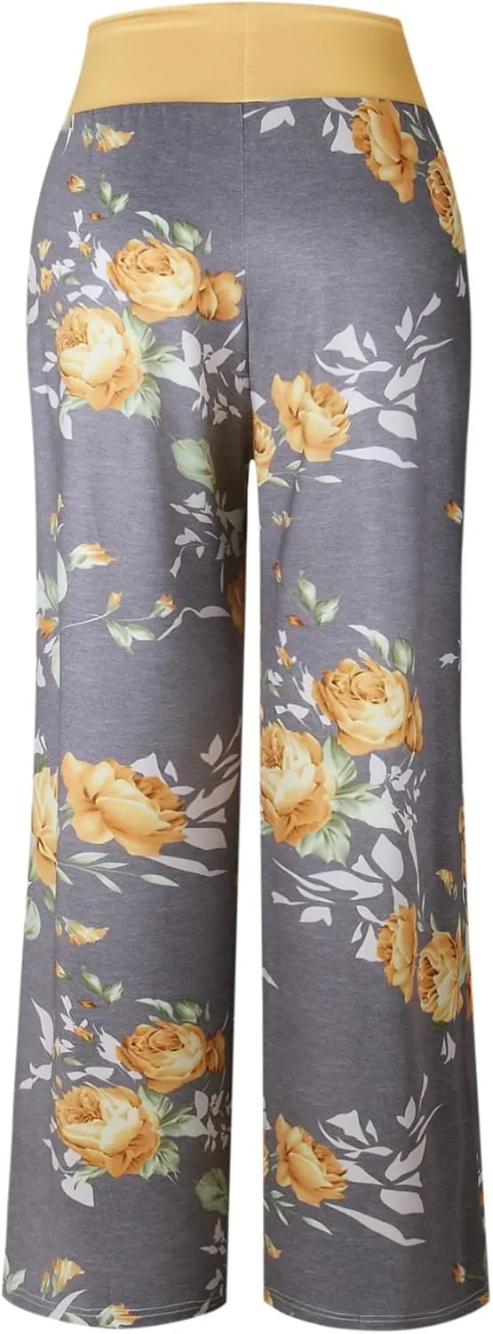 iChunhua Women's Comfy Stretch Floral Print Drawstring Palazzo Wide Leg Lounge Pant