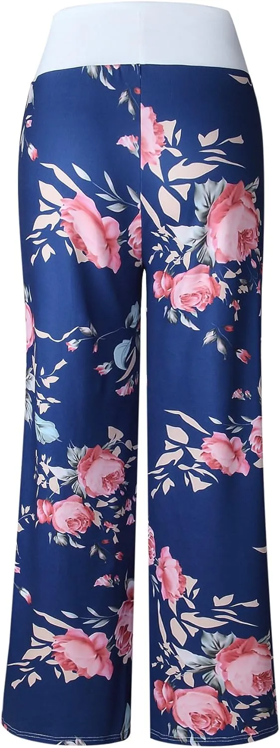 iChunhua Women's Comfy Stretch Floral Print Drawstring Palazzo Wide Leg Lounge Pant