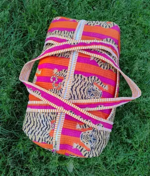 Indian Beautiful Tiger Print Quilted Duffle Bag Handmade Pure Cotton Weekender Shoulder Bags,Large Size Decorative Travel Overnight Bags