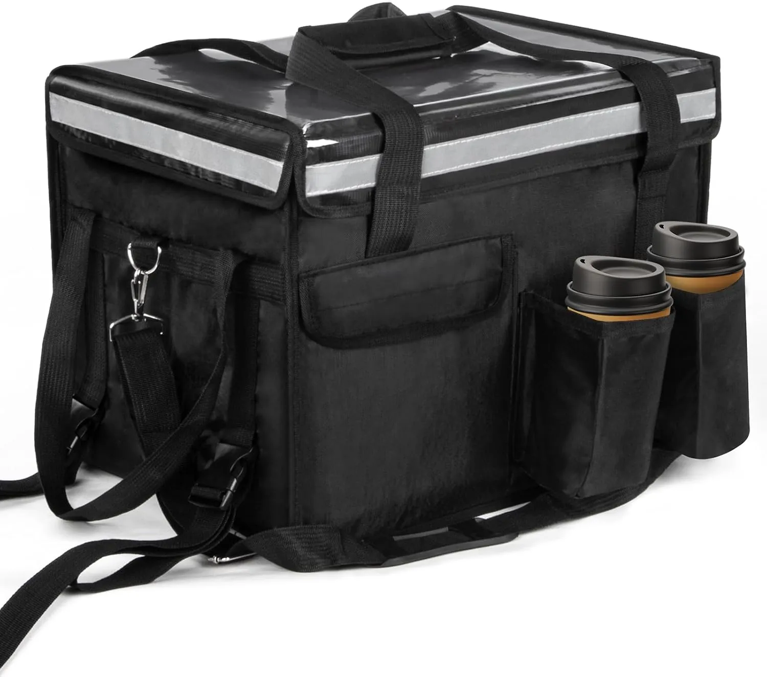 Insulated Bags for Food Delivery with Cup Holder 17.3" x 13.5" x 12.5", Support Frame & Hard Bottom Plate, Waterproof Commercial Insulated Food Delivery Bag Drink Carriers for Doordash w/Divider