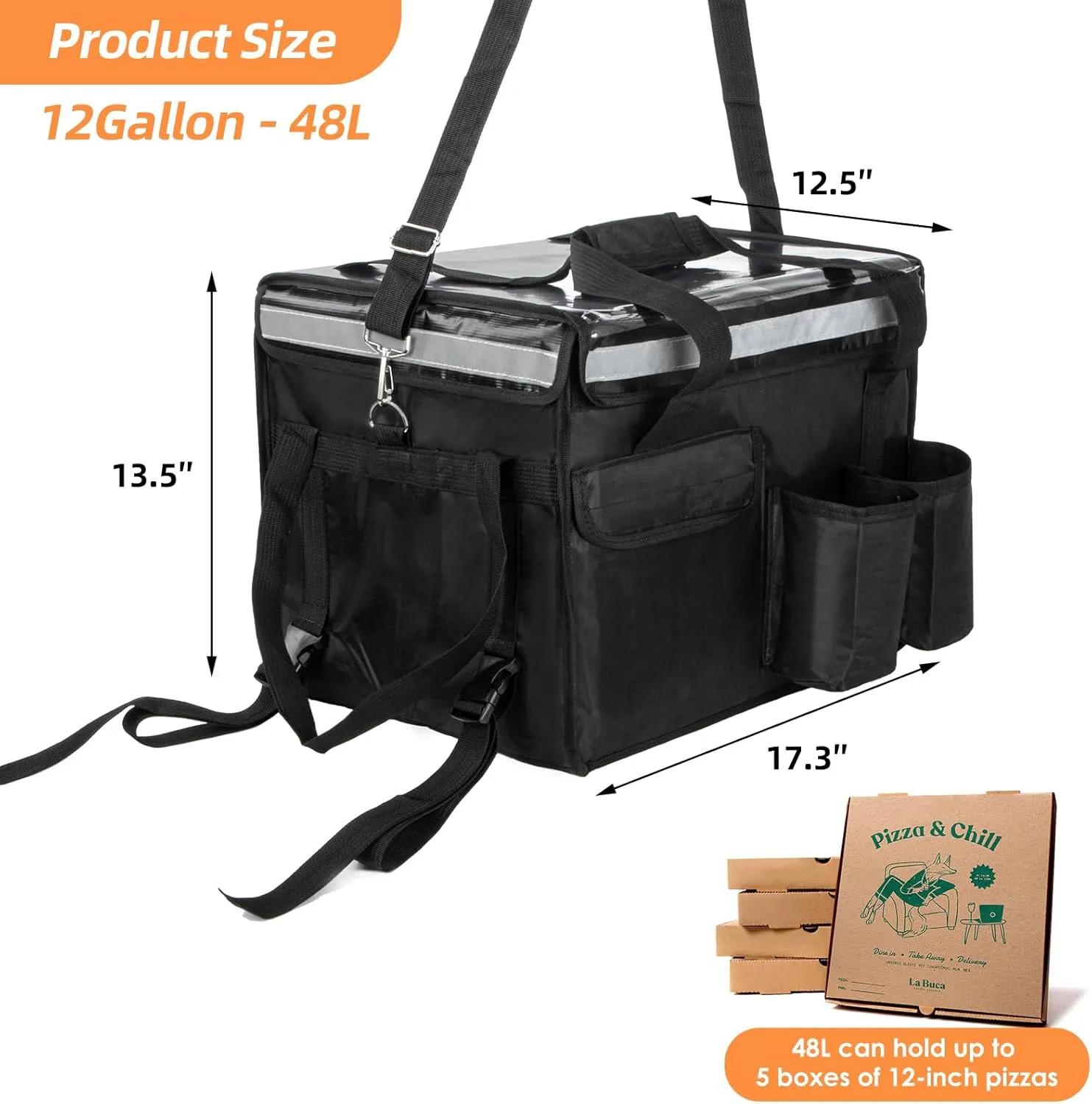 Insulated Bags for Food Delivery with Cup Holder 17.3" x 13.5" x 12.5", Support Frame & Hard Bottom Plate, Waterproof Commercial Insulated Food Delivery Bag Drink Carriers for Doordash w/Divider