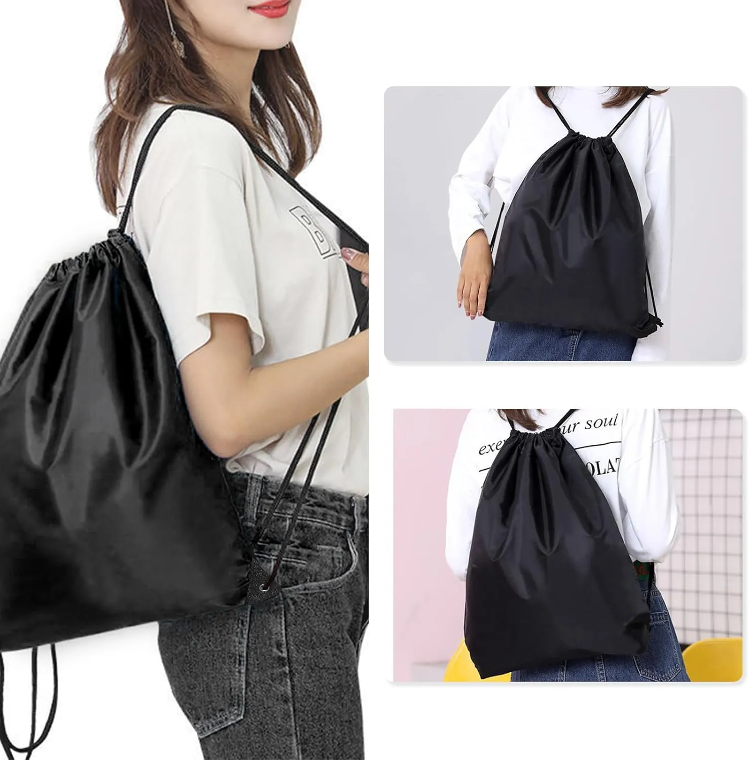 INVODA Drawstring Backpack Bulk String Backpack Drawstring Bags Sport Gym Cinch Bag Sackpack for Women Men (Black 24PCS)