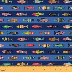 jejeloiu Cute Fish Fabric by The Yard 1 Yard Sea Fishing Gifts for Men Teen Boys Decor Upholstery Fabric for Chairs Blue Streak Home DIY Projects, Nature Pattern Waterproof Indoor Outdoor Decor