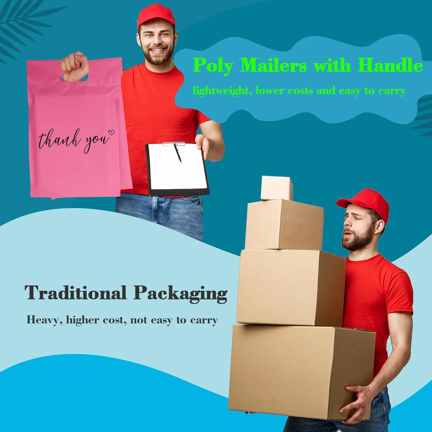 JinRuiKJ Poly Mailers with Handle 12x15.5 Inch 50 Pcs, Easy to Carry Packaging Bags for Small Business, Thank You Shipping Bags with Self Adhesive Strip, Tearproof and Waterproof - Pink