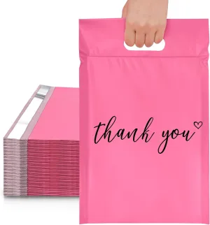 JinRuiKJ Poly Mailers with Handle 12x15.5 Inch 50 Pcs, Easy to Carry Packaging Bags for Small Business, Thank You Shipping Bags with Self Adhesive Strip, Tearproof and Waterproof - Pink