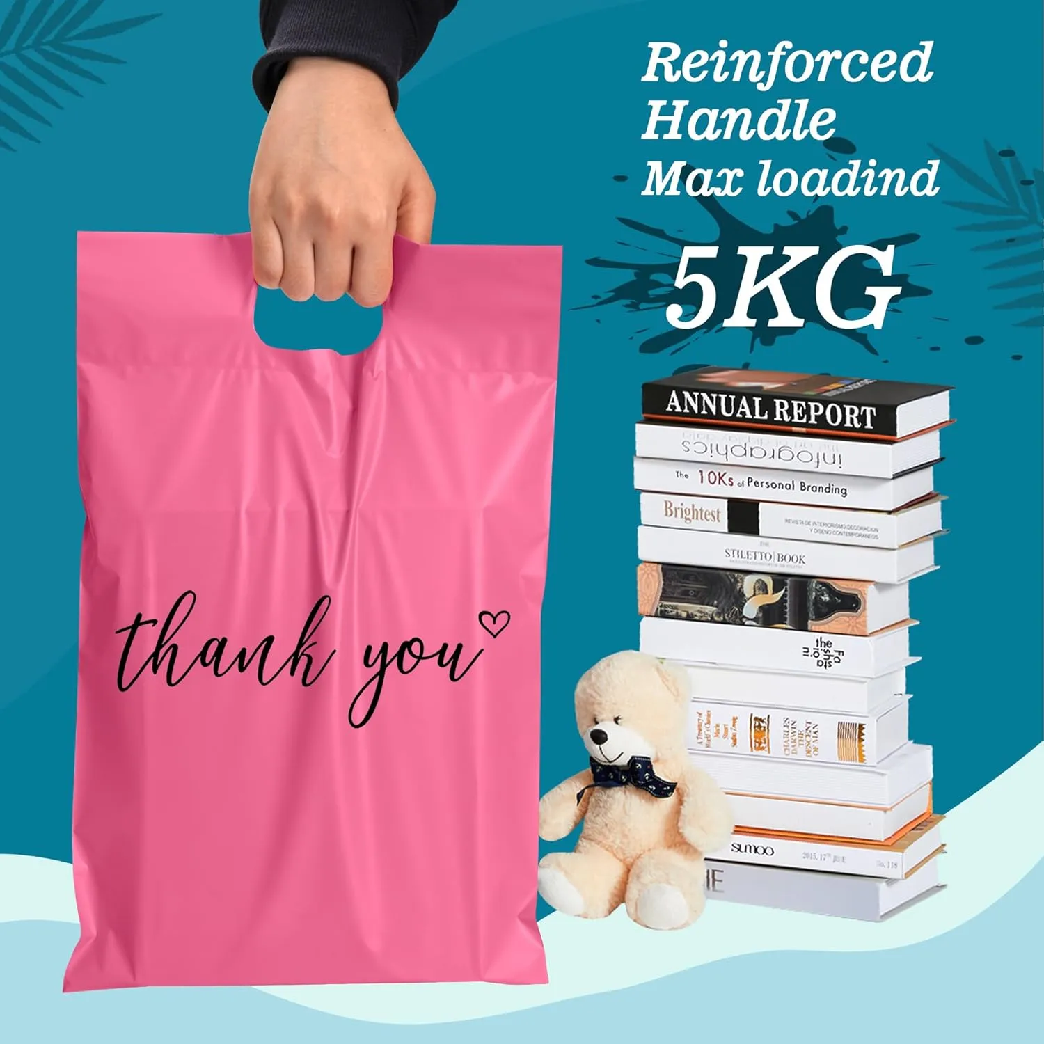 JinRuiKJ Poly Mailers with Handle 12x15.5 Inch 50 Pcs, Easy to Carry Packaging Bags for Small Business, Thank You Shipping Bags with Self Adhesive Strip, Tearproof and Waterproof - Pink