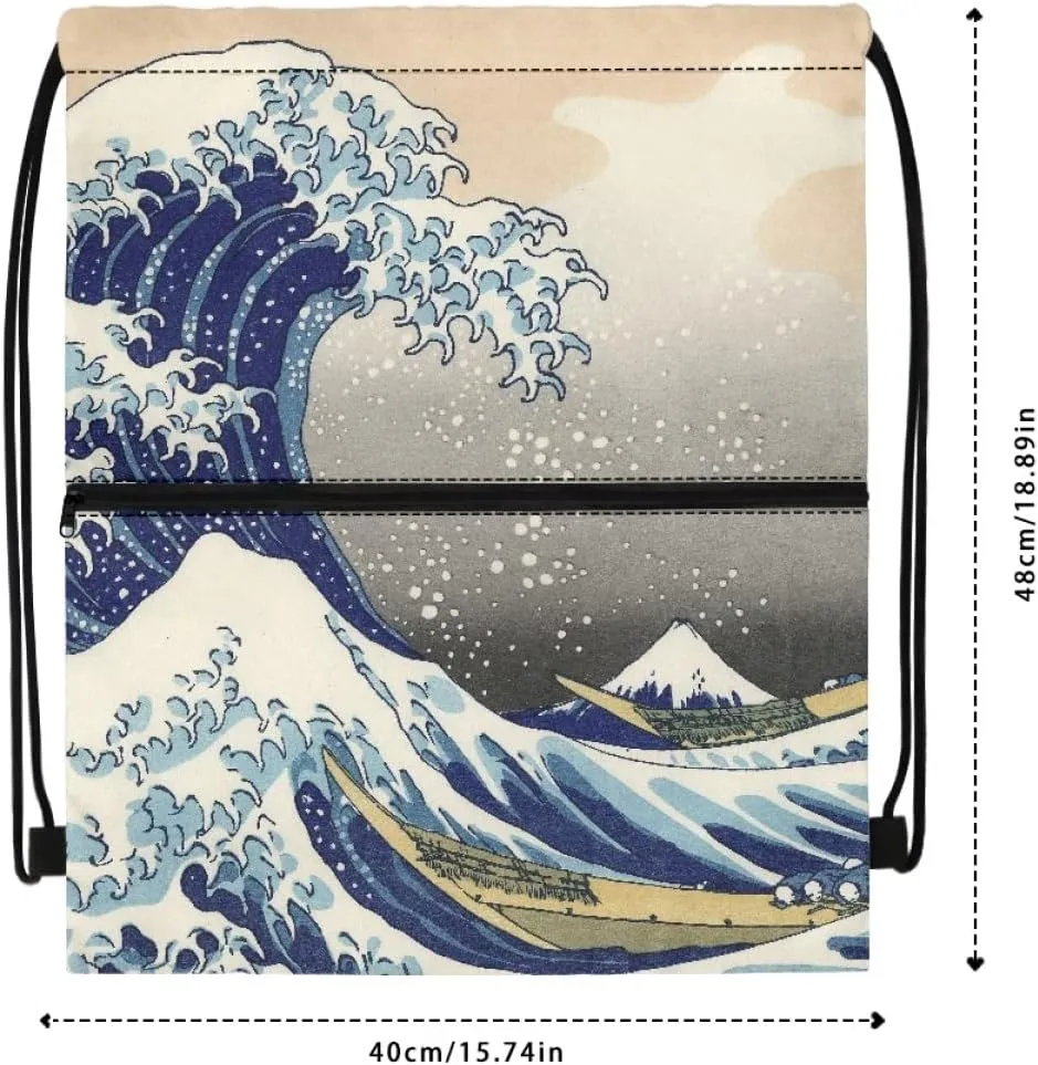 JooMeryer Adult Womens Mens Van Gogh Zip Drawstring Backpack Large Capacity Shoulder Sackpack for Gym Yoga Sport,The Great Wave of Kanagawa
