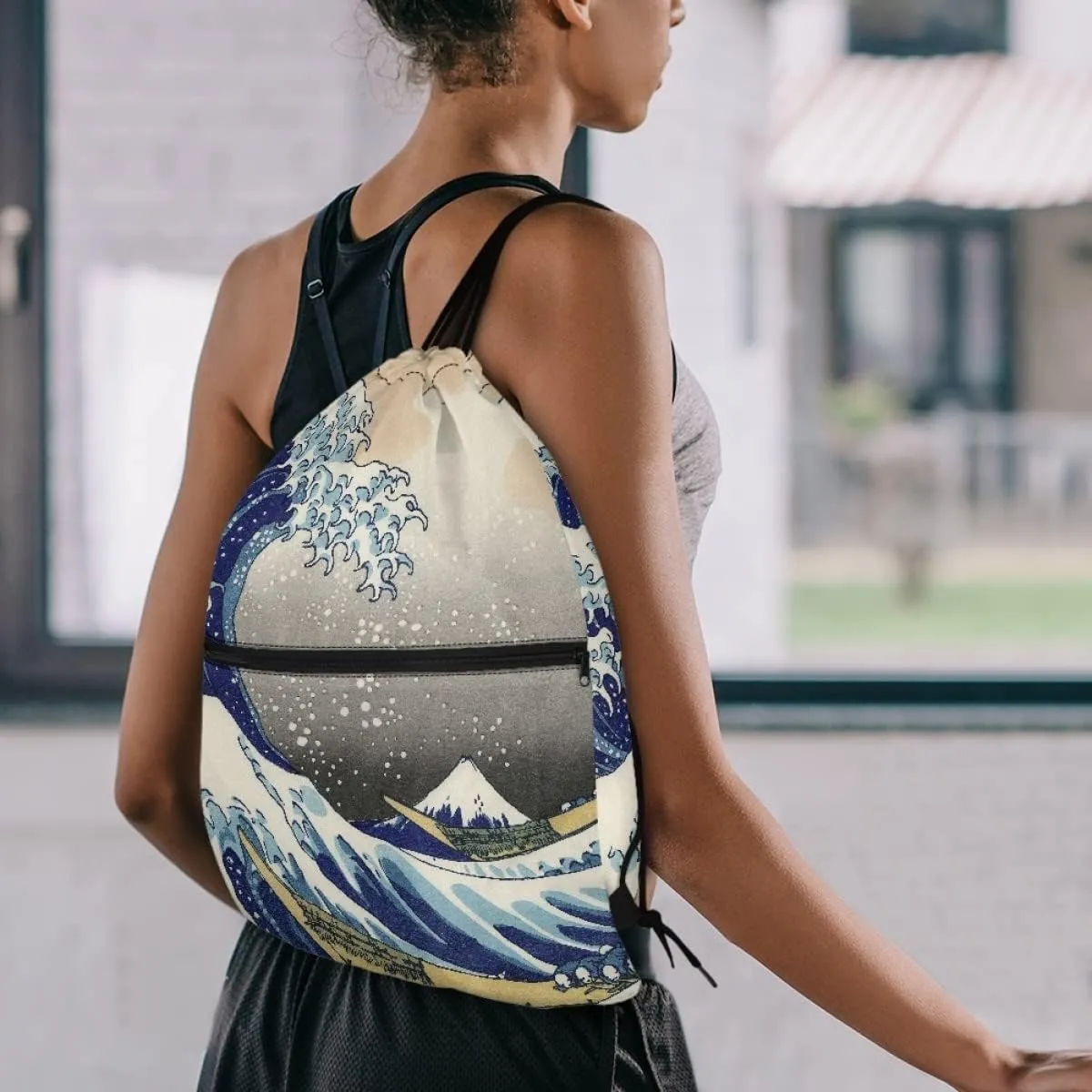 JooMeryer Adult Womens Mens Van Gogh Zip Drawstring Backpack Large Capacity Shoulder Sackpack for Gym Yoga Sport,The Great Wave of Kanagawa