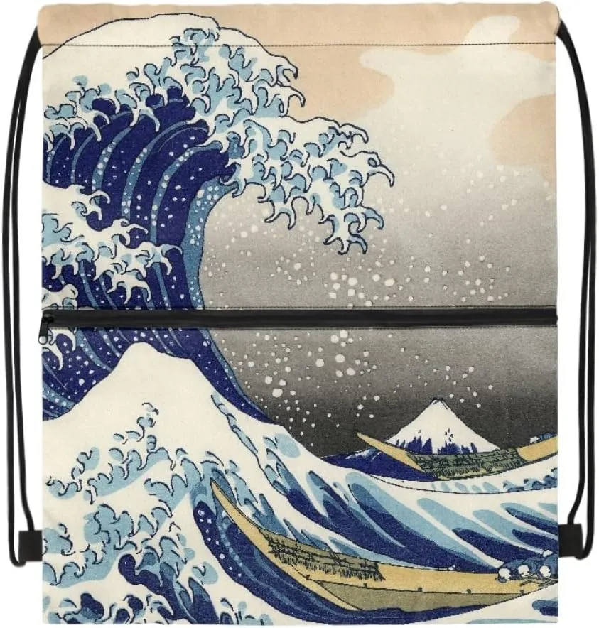 JooMeryer Adult Womens Mens Van Gogh Zip Drawstring Backpack Large Capacity Shoulder Sackpack for Gym Yoga Sport,The Great Wave of Kanagawa