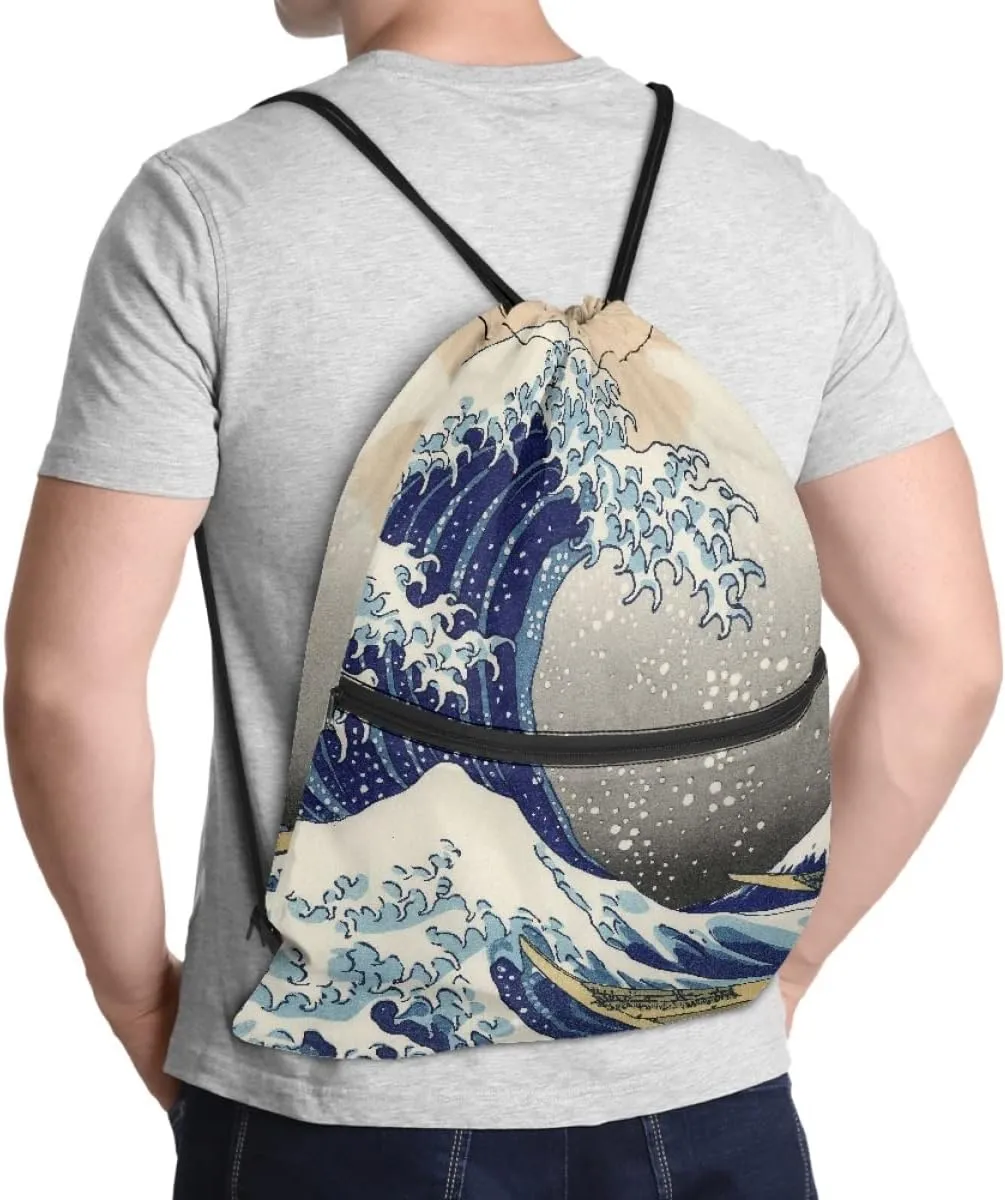 JooMeryer Adult Womens Mens Van Gogh Zip Drawstring Backpack Large Capacity Shoulder Sackpack for Gym Yoga Sport,The Great Wave of Kanagawa