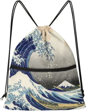 JooMeryer Adult Womens Mens Van Gogh Zip Drawstring Backpack Large Capacity Shoulder Sackpack for Gym Yoga Sport,The Great Wave of Kanagawa
