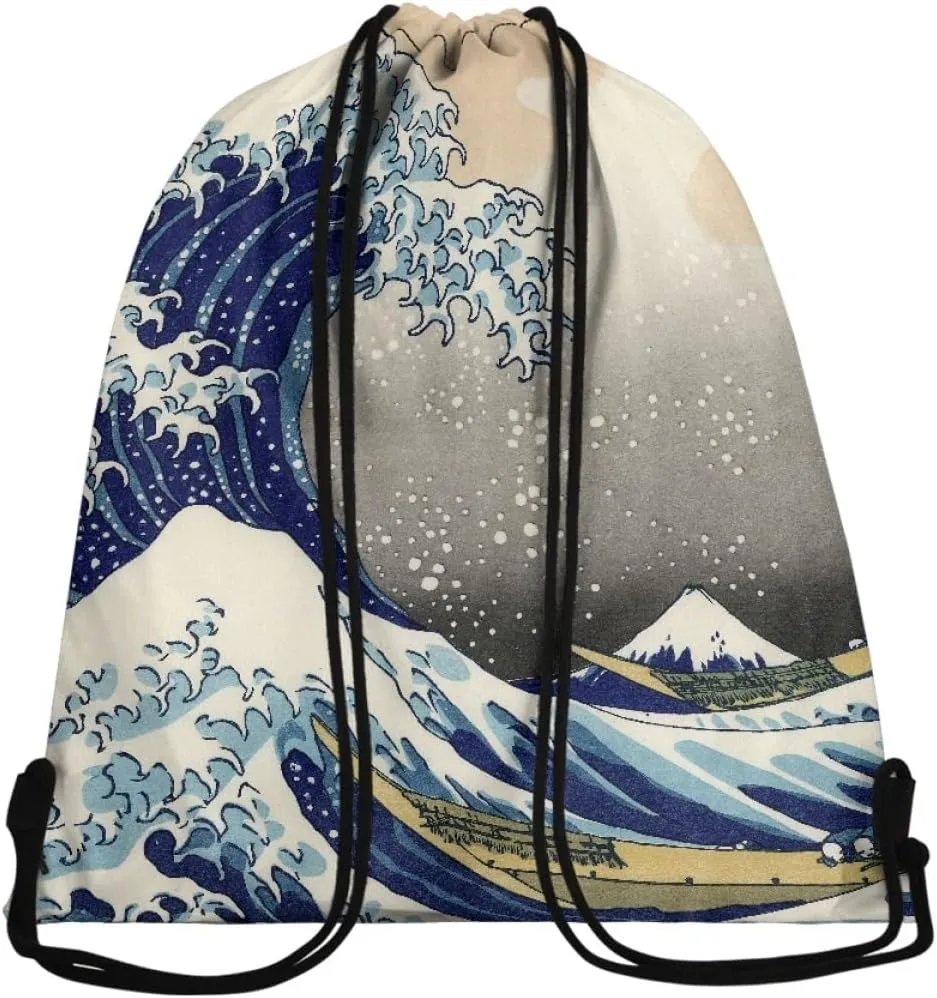 JooMeryer Adult Womens Mens Van Gogh Zip Drawstring Backpack Large Capacity Shoulder Sackpack for Gym Yoga Sport,The Great Wave of Kanagawa
