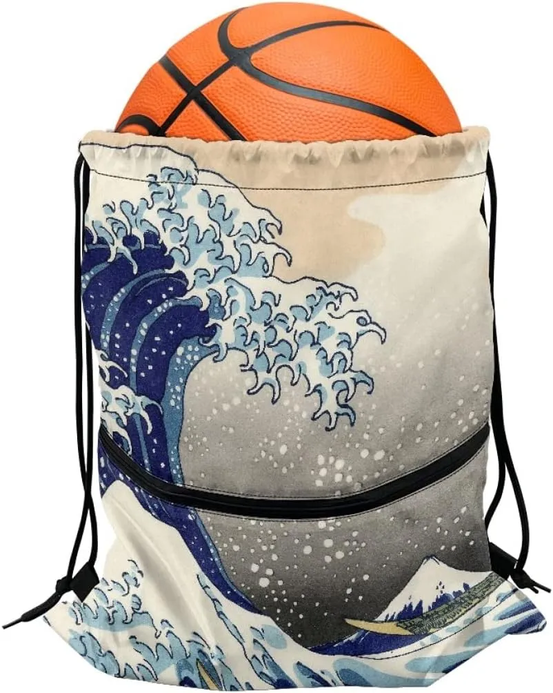 JooMeryer Adult Womens Mens Van Gogh Zip Drawstring Backpack Large Capacity Shoulder Sackpack for Gym Yoga Sport,The Great Wave of Kanagawa