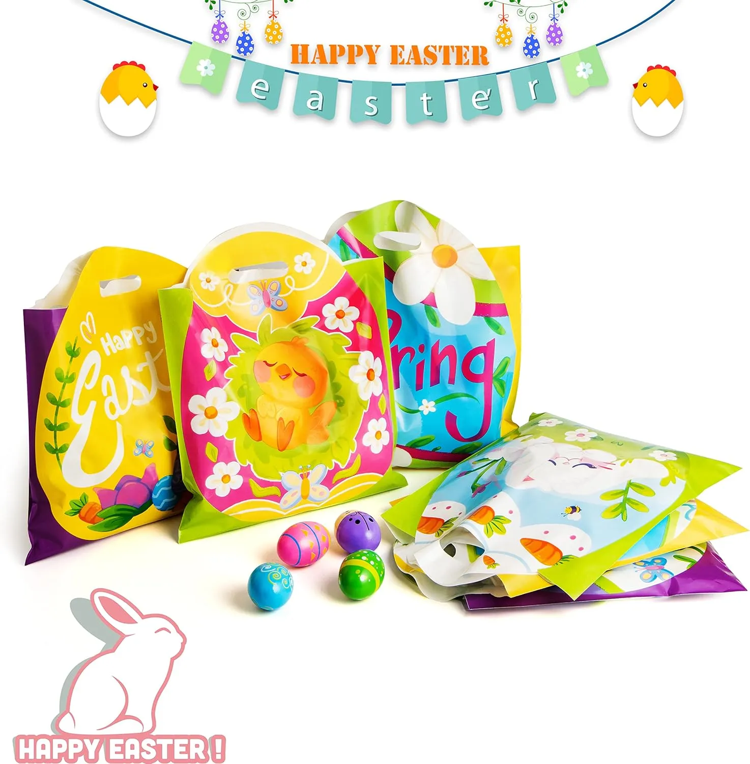 JOYIN 48 Pcs Easter Gift PE Bags 11.8" x 11.8", Egg Shaped PE Easter Gift Goodie Bags Party Treat for Egg Hunt, Kids Party Favor Supplies