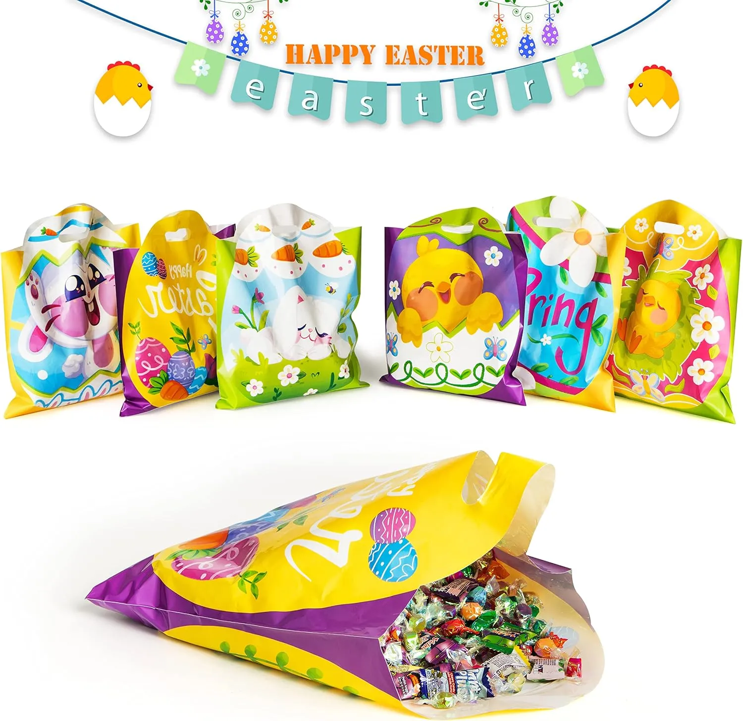 JOYIN 48 Pcs Easter Gift PE Bags 11.8" x 11.8", Egg Shaped PE Easter Gift Goodie Bags Party Treat for Egg Hunt, Kids Party Favor Supplies