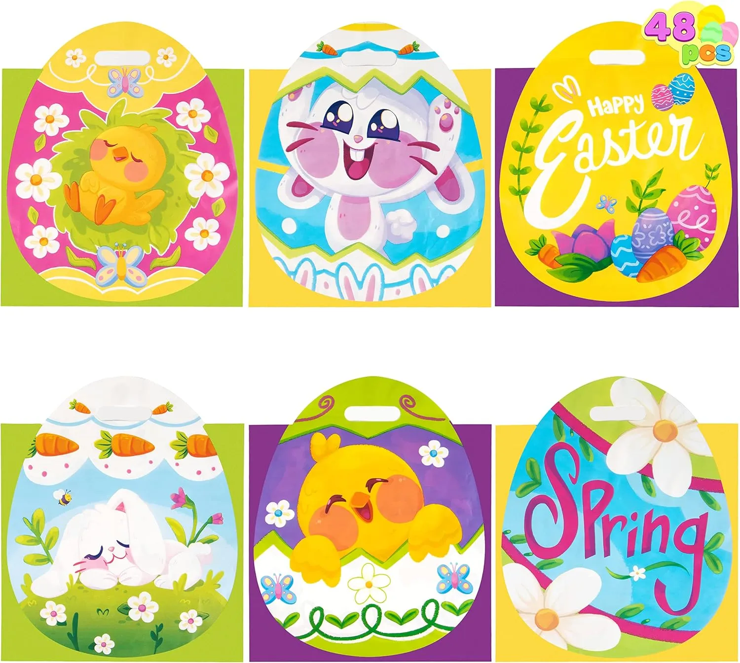 JOYIN 48 Pcs Easter Gift PE Bags 11.8" x 11.8", Egg Shaped PE Easter Gift Goodie Bags Party Treat for Egg Hunt, Kids Party Favor Supplies