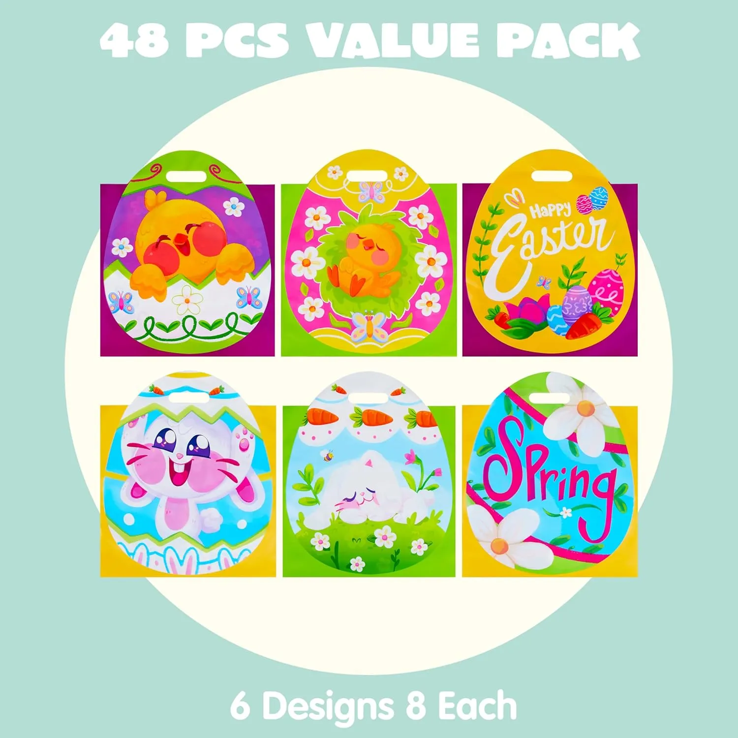 JOYIN 48 Pcs Easter Gift PE Bags 11.8" x 11.8", Egg Shaped PE Easter Gift Goodie Bags Party Treat for Egg Hunt, Kids Party Favor Supplies