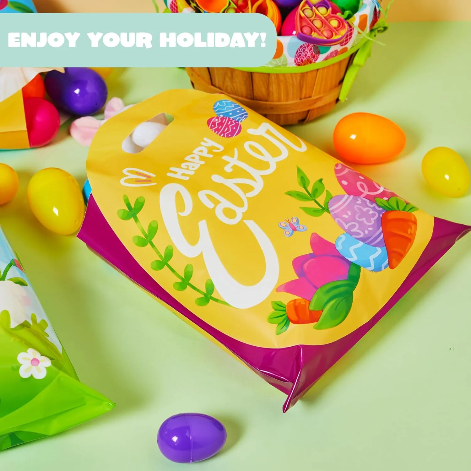 JOYIN 48 Pcs Easter Gift PE Bags 11.8" x 11.8", Egg Shaped PE Easter Gift Goodie Bags Party Treat for Egg Hunt, Kids Party Favor Supplies