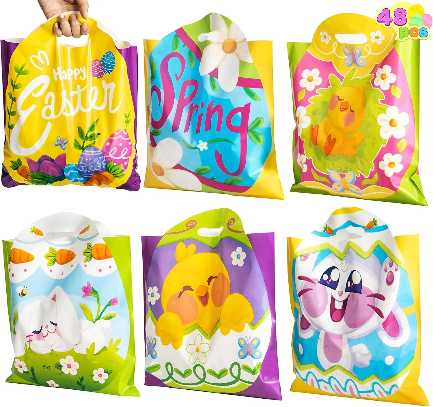 JOYIN 48 Pcs Easter Gift PE Bags 11.8" x 11.8", Egg Shaped PE Easter Gift Goodie Bags Party Treat for Egg Hunt, Kids Party Favor Supplies