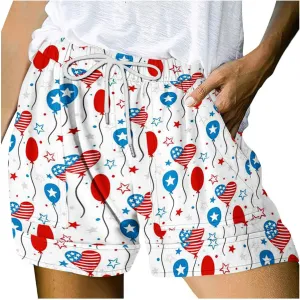 July 4th Shorts for Women American Flag Printed Drawstring Elastic Waist Shorts Party in The USA Summer Fashion 2023