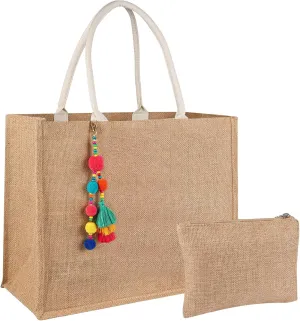 Jute Tote Bag Large Straw Beach Tote Bag For Women DIY Waterproof Foldable Tassel Shopping Tote Bag with Small Purse For Travel Beach Picnic Vacation Gym