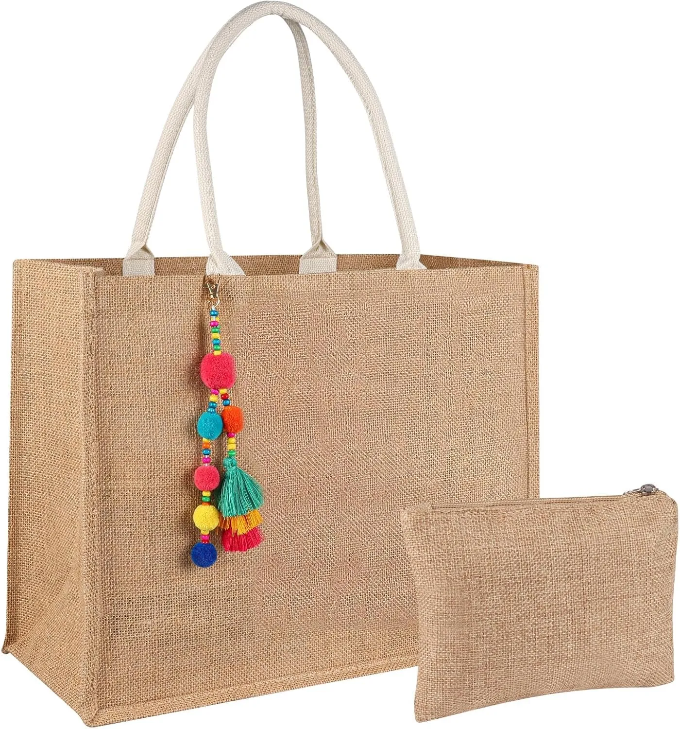 Jute Tote Bag Large Straw Beach Tote Bag For Women DIY Waterproof Foldable Tassel Shopping Tote Bag with Small Purse For Travel Beach Picnic Vacation Gym