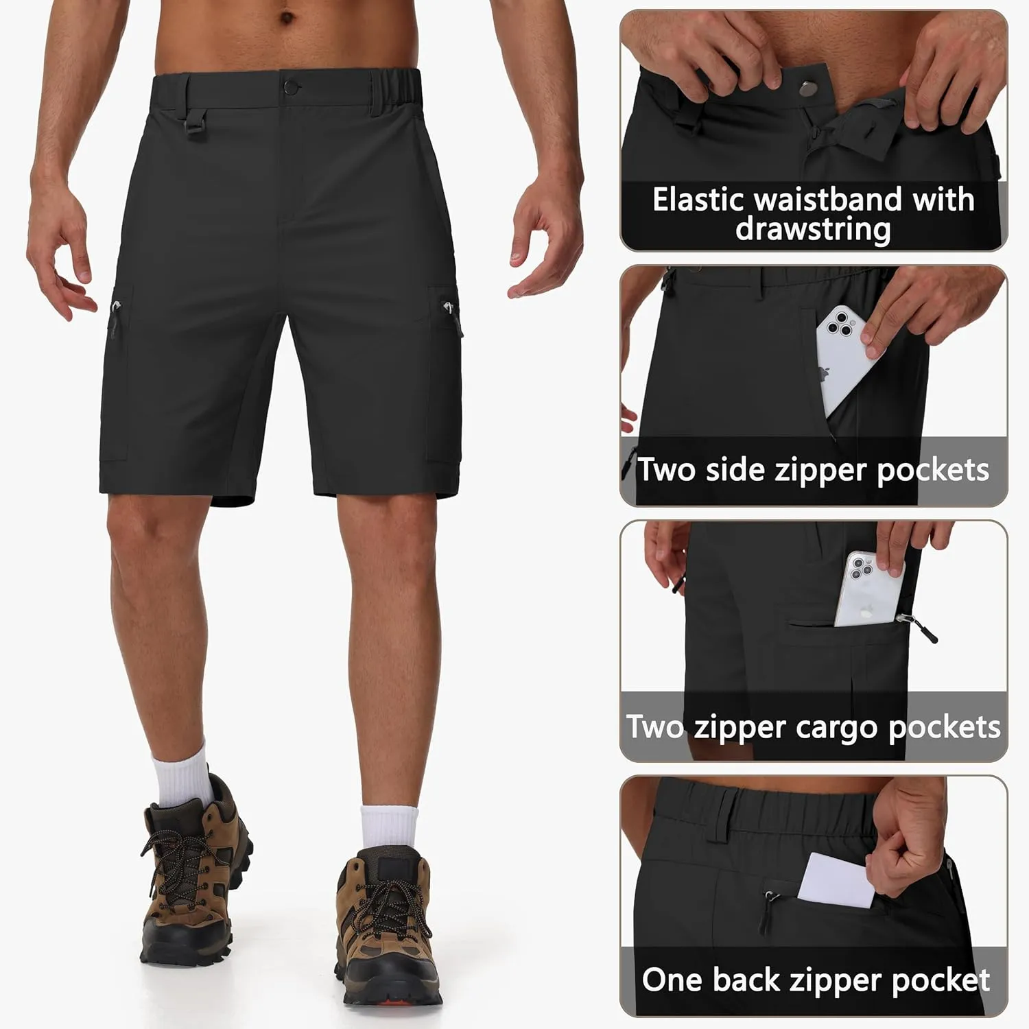 JWM Men's 9" Hiking Cargo Shorts - Lightweight Stretch Qucik Dry Casual Travel Golf Work Fishing Shorts with 5 Zipper Pockets