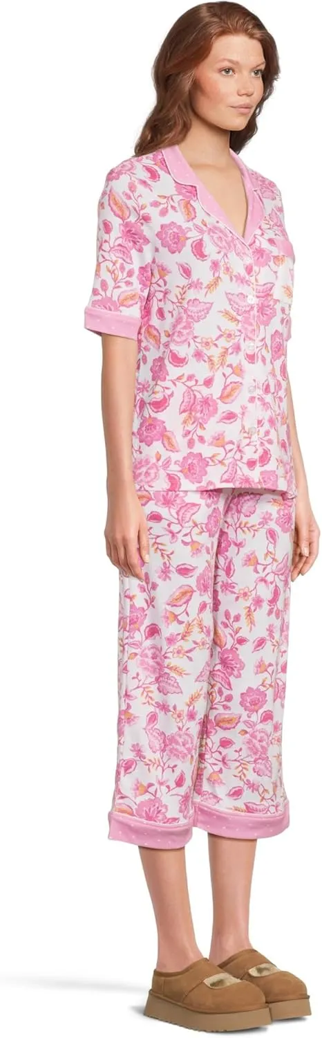 Karen Neuburger Women's Tuscan Sun Elbow Sleeve Notch and Capri Set with Twin Print