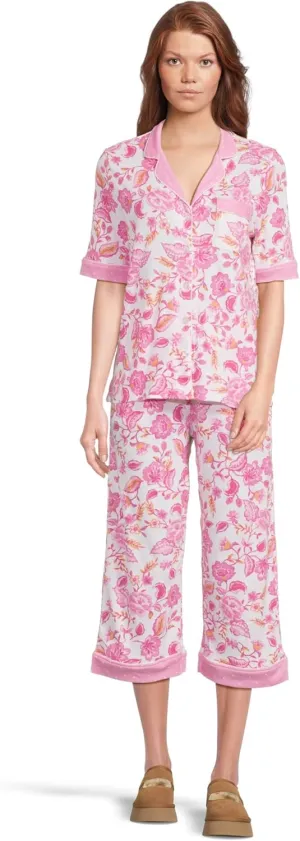 Karen Neuburger Women's Tuscan Sun Elbow Sleeve Notch and Capri Set with Twin Print