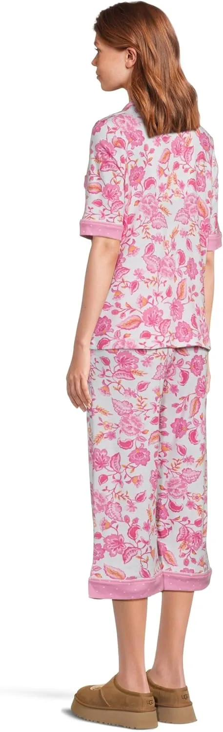 Karen Neuburger Women's Tuscan Sun Elbow Sleeve Notch and Capri Set with Twin Print