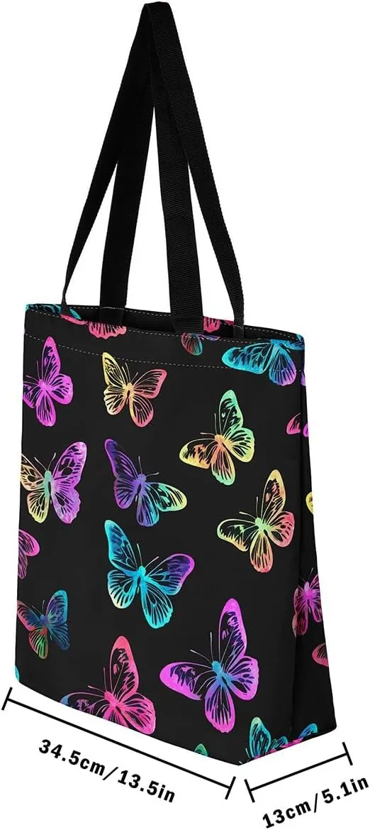 Kawaii Canvas Tote Bag for Women,Rainbow Cute Clouds Raindrop Handbag,Bohemian Stars Love Hearts Shoulder Bag