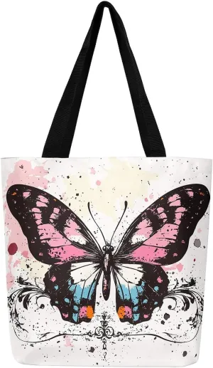 Kawaii Canvas Tote Bag for Women,Rainbow Cute Clouds Raindrop Handbag,Bohemian Stars Love Hearts Shoulder Bag