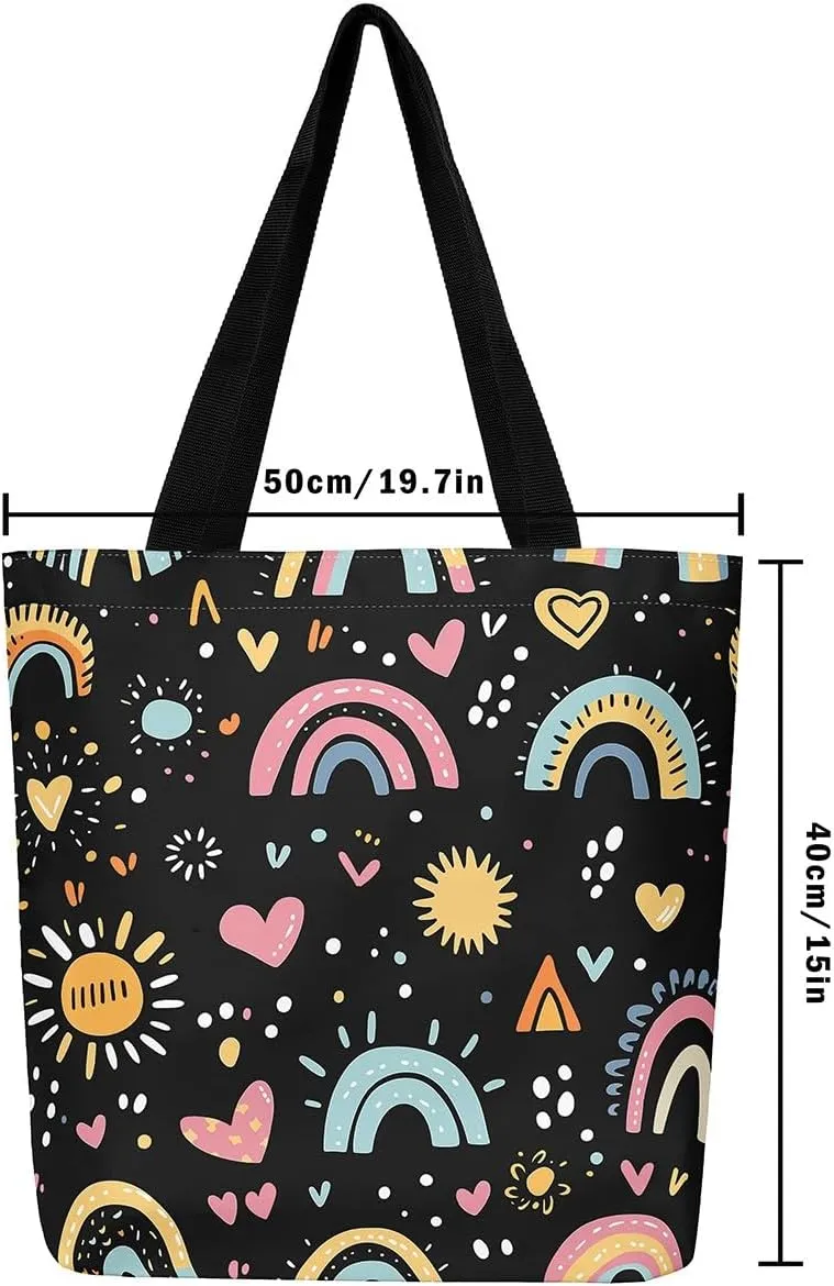 Kawaii Canvas Tote Bag for Women,Rainbow Cute Clouds Raindrop Handbag,Bohemian Stars Love Hearts Shoulder Bag